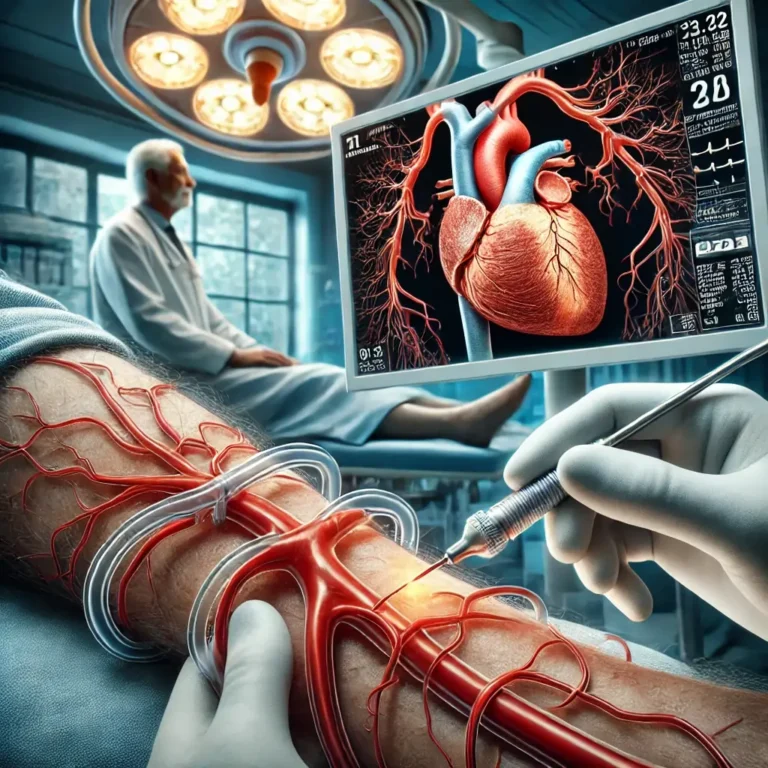 A medical illustration of a coronary angiography procedure showing a patient lying on an examination table. A catheter is inserted into the wrist or groin, with a monitor displaying a real-time X-ray image of the coronary arteries highlighted by contrast dye. A cardiologist observes the procedure in a high-tech medical lab.