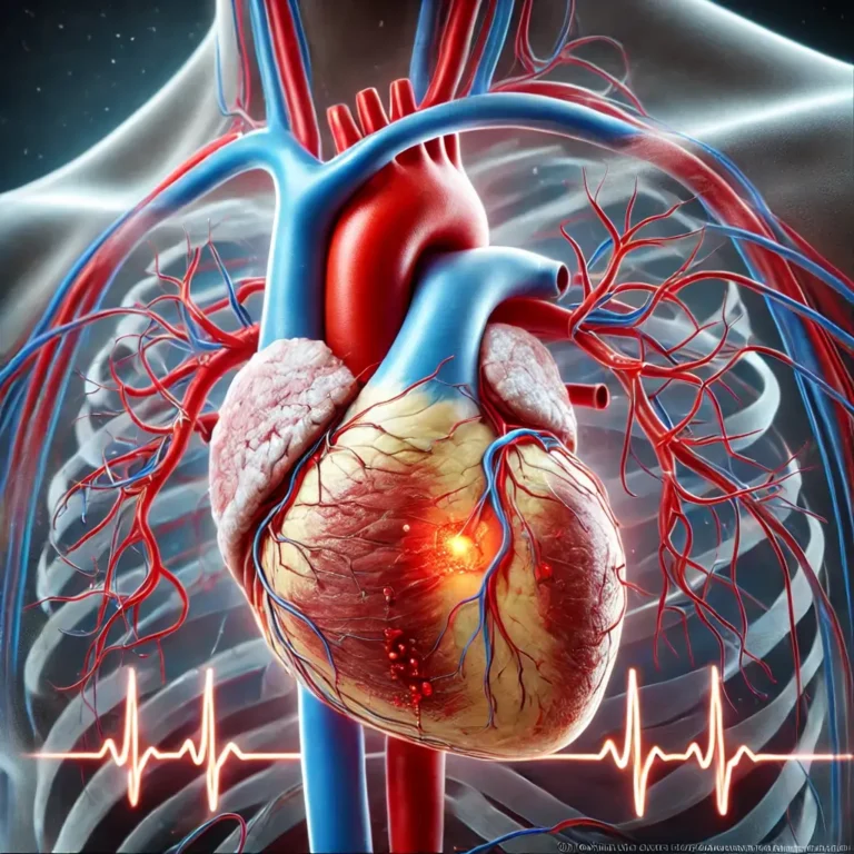 Medical illustration of a human heart experiencing a heart attack, showing a blocked coronary artery with plaque buildup and a blood clot. The image highlights restricted blood flow to the heart muscle with visible red and blue arteries and veins. An ECG line in the background represents abnormal heart rhythms.