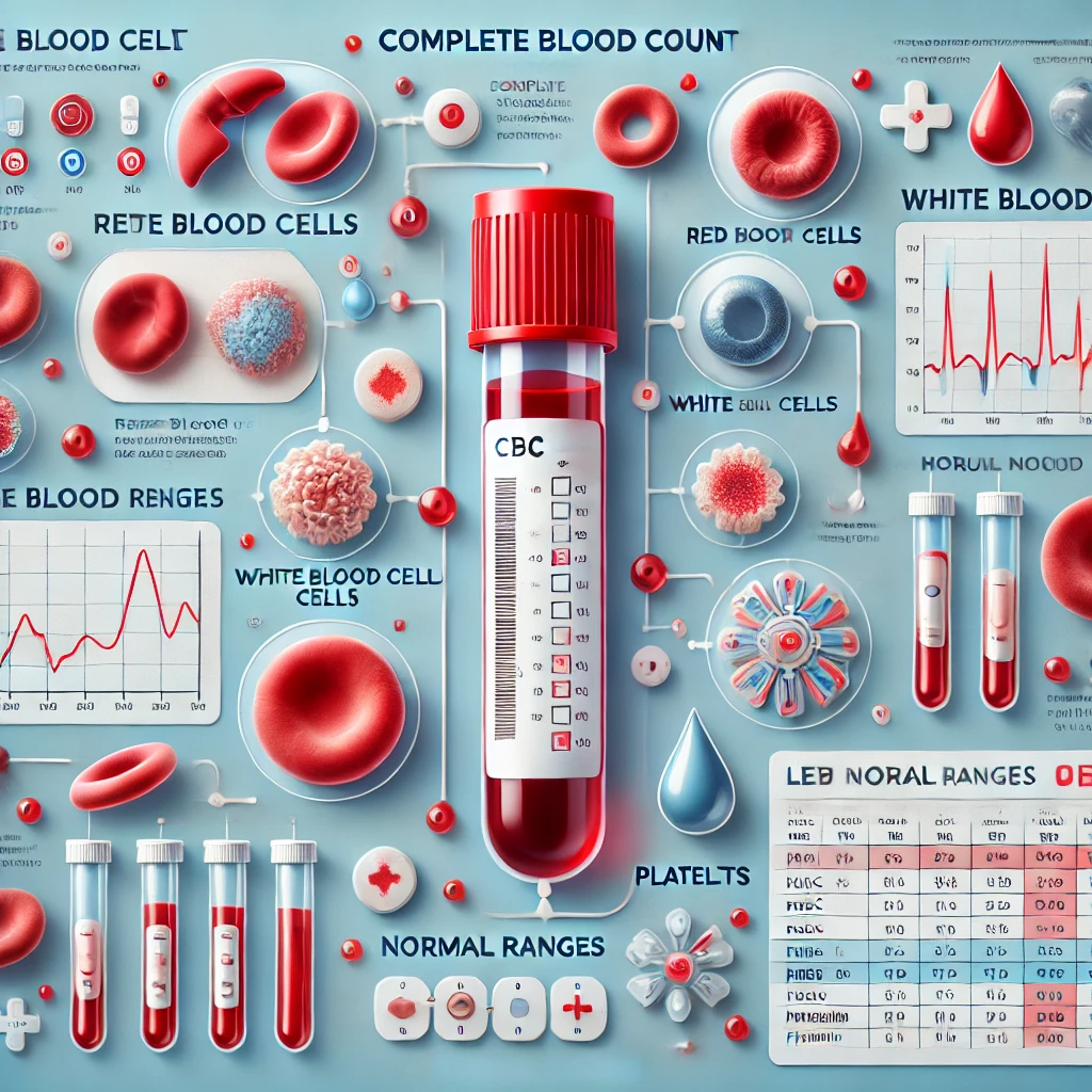 Medical infographic illustrating the Complete Blood Count (CBC) test, showing labeled diagrams of red blood cells, white blood cells, and platelets, along with a blood sample test tube and a lab report displaying CBC results and normal ranges.
