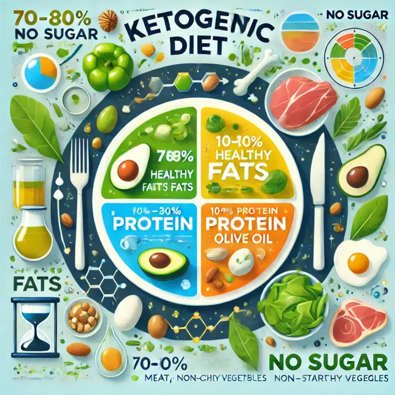 Infographic illustrating the ketogenic diet. A balanced plate is divided into three sections: 70-80% healthy fats (avocados, nuts, butter, olive oil), 10-20% protein (meat, eggs, fish), and 5-10% carbohydrates (leafy greens, non-starchy vegetables). The image includes a ketone molecule illustration, a 'No Sugar' sign, and an arrow showing fat burning for energy, all in a clean, modern blue and green color scheme representing health and wellness.