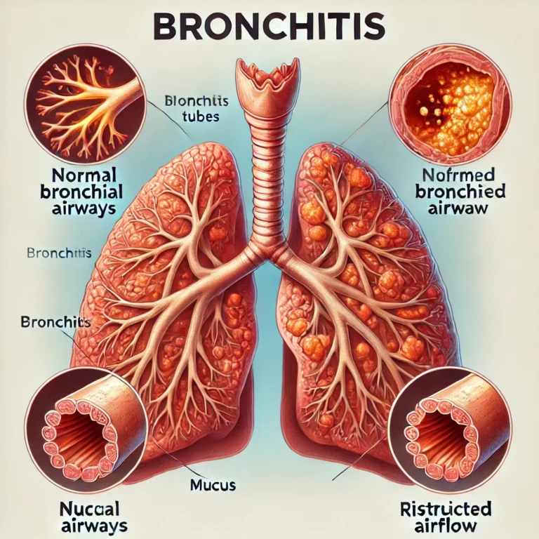 Is Bronchitis Contagious? showing inflamed bronchial tubes inside human lungs. The image compares normal and inflamed airways, highlighting mucus buildup and restricted airflow with a distinct color scheme to differentiate healthy and affected areas.