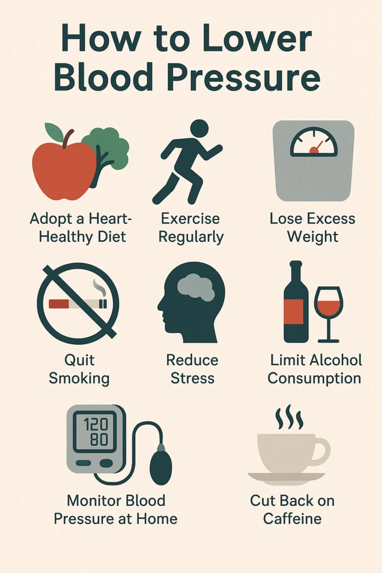 Infographic titled How to Lower Blood Pressure featuring eight icons and labels illustrating tips adopt a heart-healthy diet, exercise regularly, lose excess weight, quit smoking, reduce stress, limit alcohol consumption, monitor blood pressure at home, and cut back on caffeine.