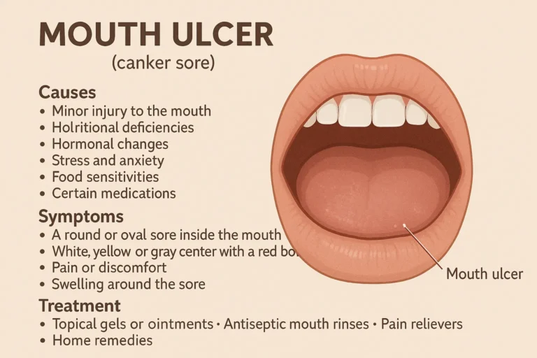 Medical illustration showing a human mouth with a visible mouth ulcer on the lower lip. The image includes labeled sections explaining causes, symptoms, and treatments of canker sores, such as stress, nutritional deficiencies, and use of topical gels.